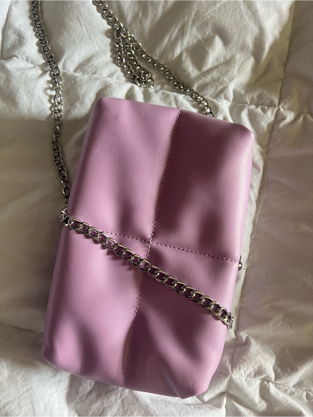 a new day Quilted Crossbody Bag in Lavender Pink with Silver Chain
